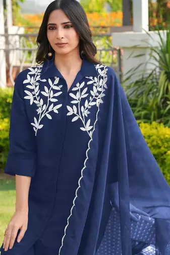 Navy-blue embroidered viscose georgette stitched straight cut kurta culottes dupatta readymade suits