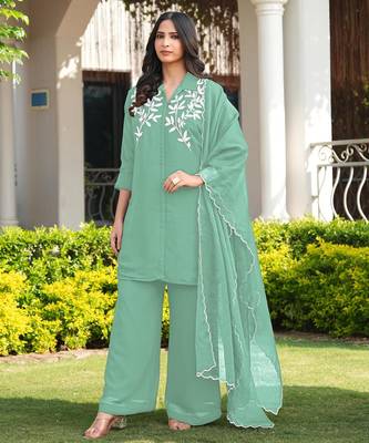 Light-green embroidered viscose georgette stitched straight cut kurta culottes dupatta readymade suits 1