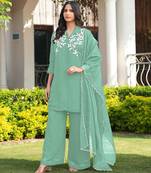 Light-green embroidered viscose georgette stitched straight cut kurta culottes dupatta readymade suits