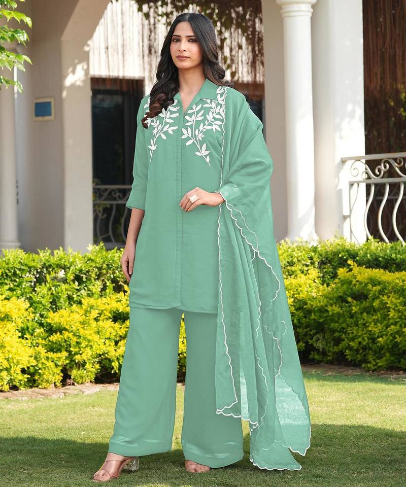 Light-green embroidered viscose georgette stitched straight cut kurta culottes dupatta readymade suits