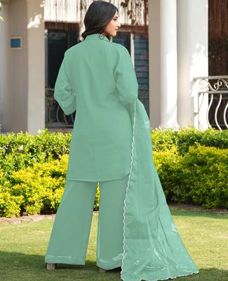 Light-green embroidered viscose georgette stitched straight cut kurta culottes dupatta readymade suits 2