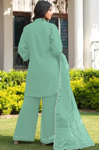 Light-green embroidered viscose georgette stitched straight cut kurta culottes dupatta readymade suits