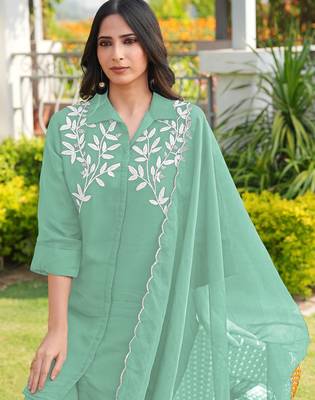 Light-green embroidered viscose georgette stitched straight cut kurta culottes dupatta readymade suits 3