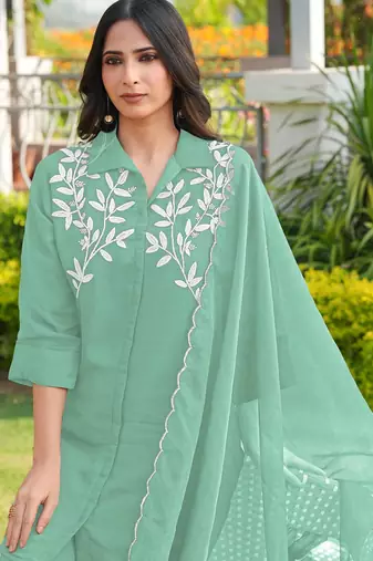 Light-green embroidered viscose georgette stitched straight cut kurta culottes dupatta readymade suits