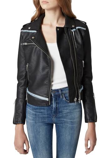 Women's lambskin leather jacket denim trim real leather moto jacket