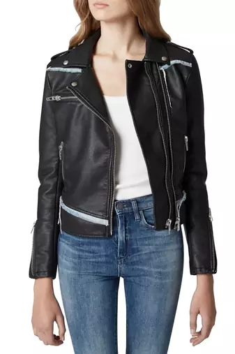 Women's lambskin leather jacket denim trim real leather moto jacket