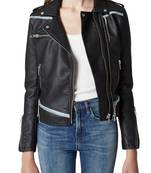 Women's lambskin leather jacket denim trim real leather moto jacket