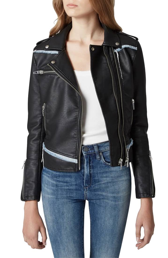 Women's lambskin leather jacket denim trim real leather moto jacket