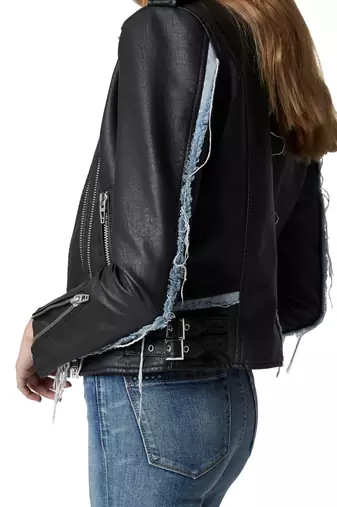 women's black lambskin leather moto jacket denim trim