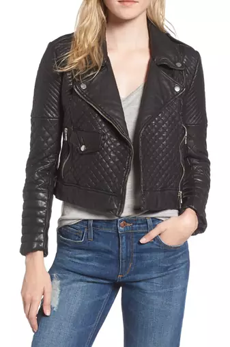 women's black lambskin leather quilted moto jacket