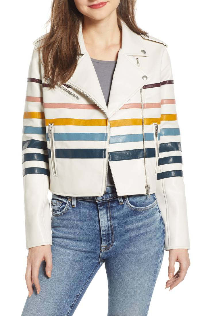 Women's lambskin leather jacket multistripe real leather jacket