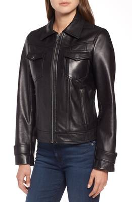 women's black lambskin leather jacket dual chest pockets 1