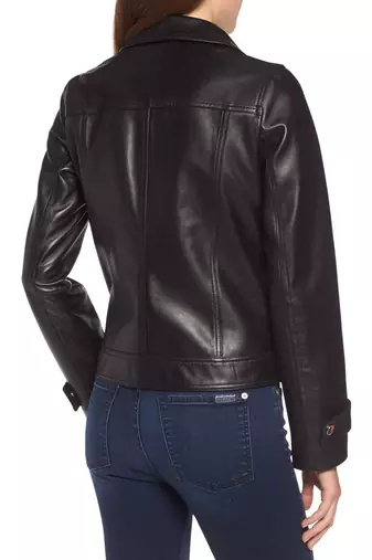 women's black lambskin leather jacket dual chest pockets