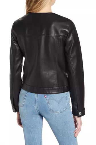 women's black lambskin leather jacket chest pockets