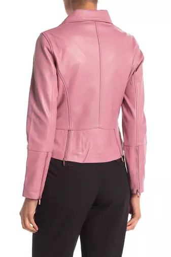 women's black lambskin leather biker jacket pointed collar