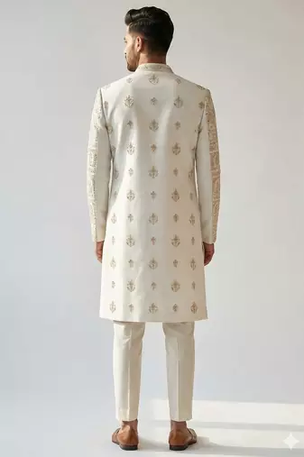 Ivory gold zardozi work raw silk royal sherwani with mandarin collar
