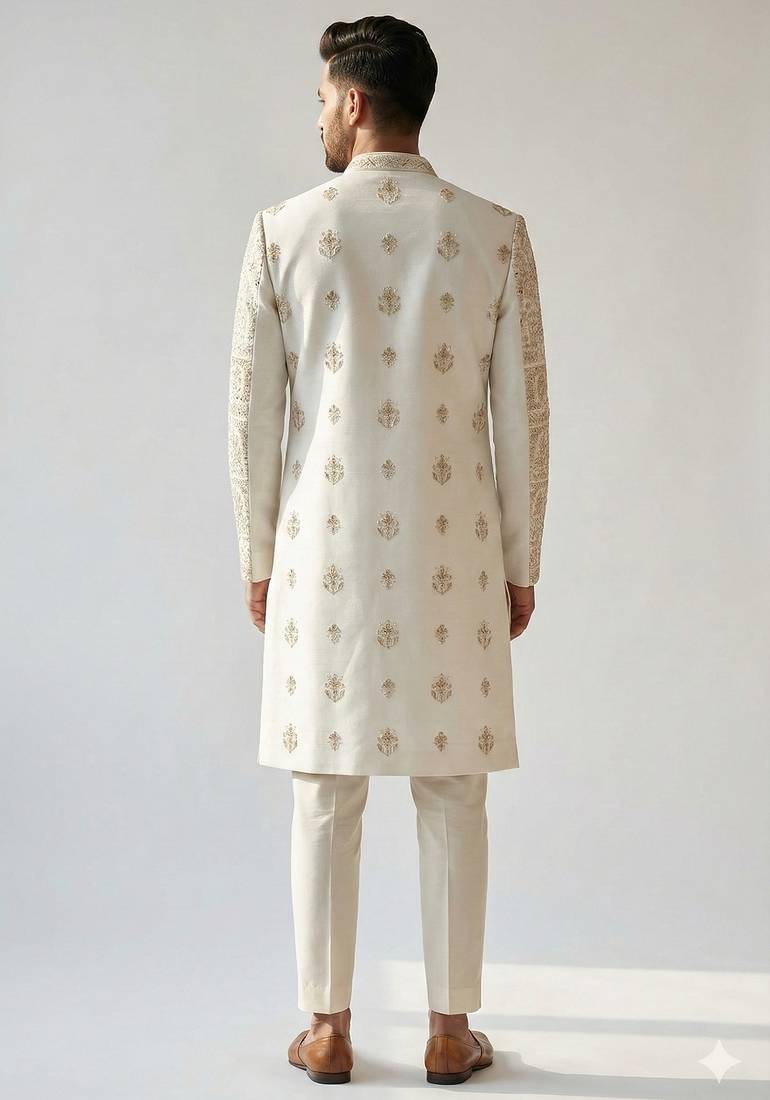 Ivory gold zardozi work raw silk royal sherwani with mandarin collar