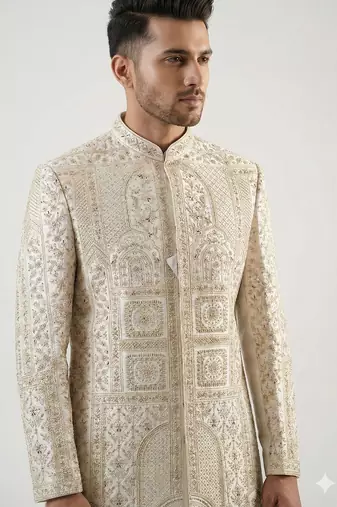 Ivory gold zardozi work raw silk royal sherwani with mandarin collar