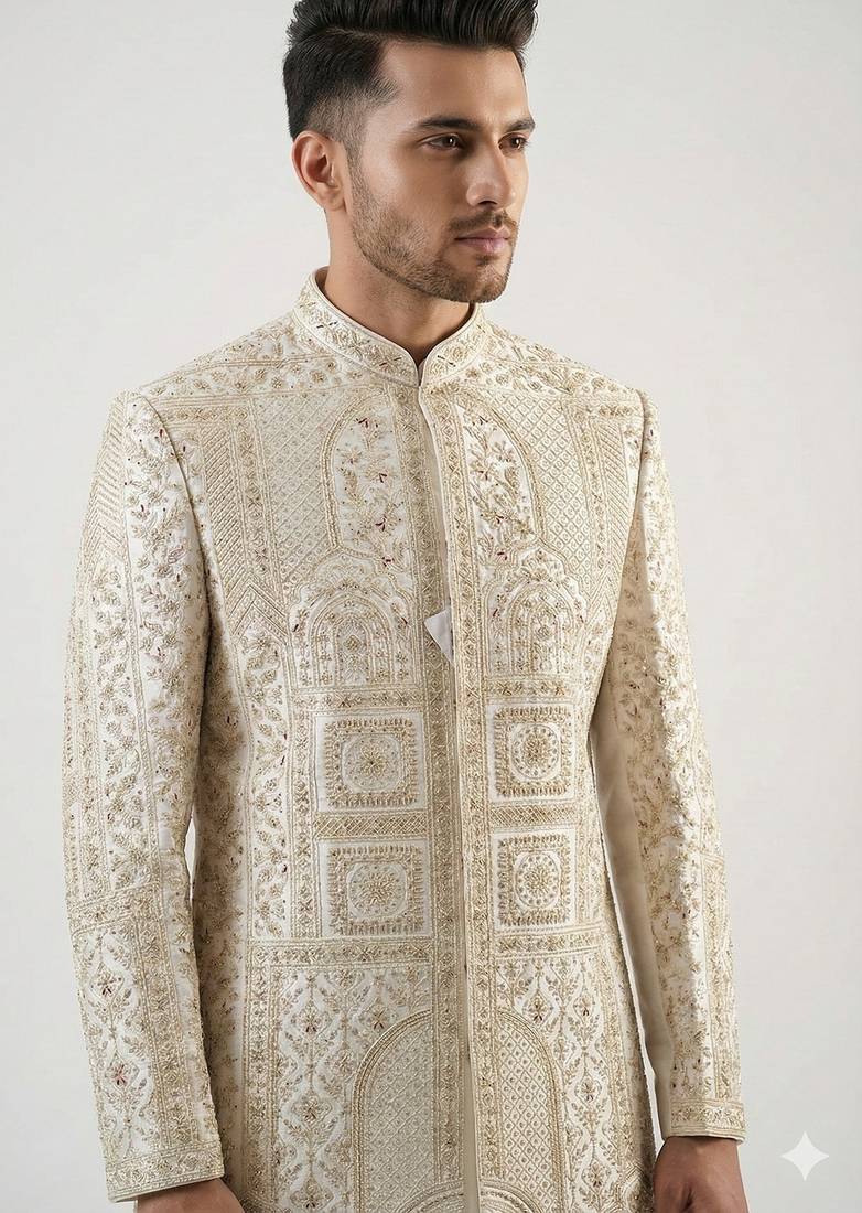 Ivory gold zardozi work raw silk royal sherwani with mandarin collar