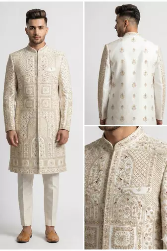 Ivory gold zardozi work raw silk royal sherwani with mandarin collar