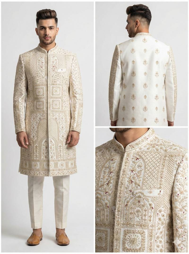 Ivory gold zardozi work raw silk royal sherwani with mandarin collar