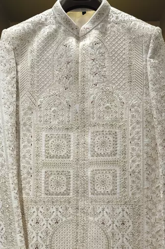 Ivory gold zardozi work raw silk royal sherwani with mandarin collar