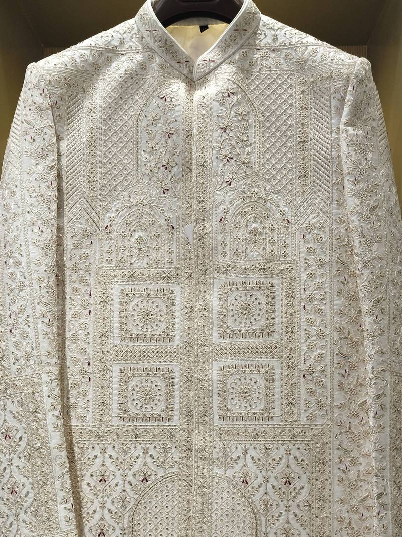 Ivory gold zardozi work raw silk royal sherwani with mandarin collar