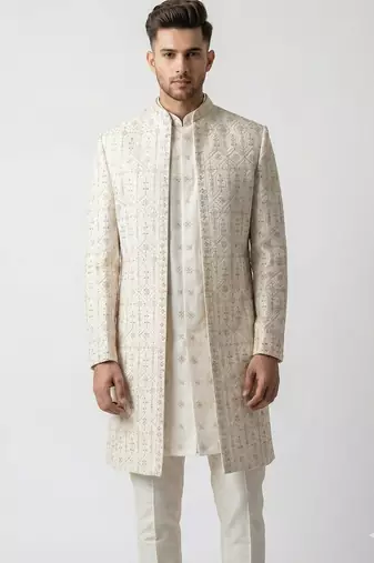 cream art silk sherwani set with thread work