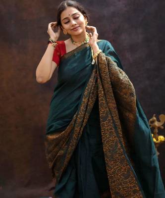 green pure silk saree with woven pattern 1