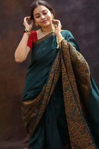 Elegance green woven pure silk gift saree with unstitched blouse
