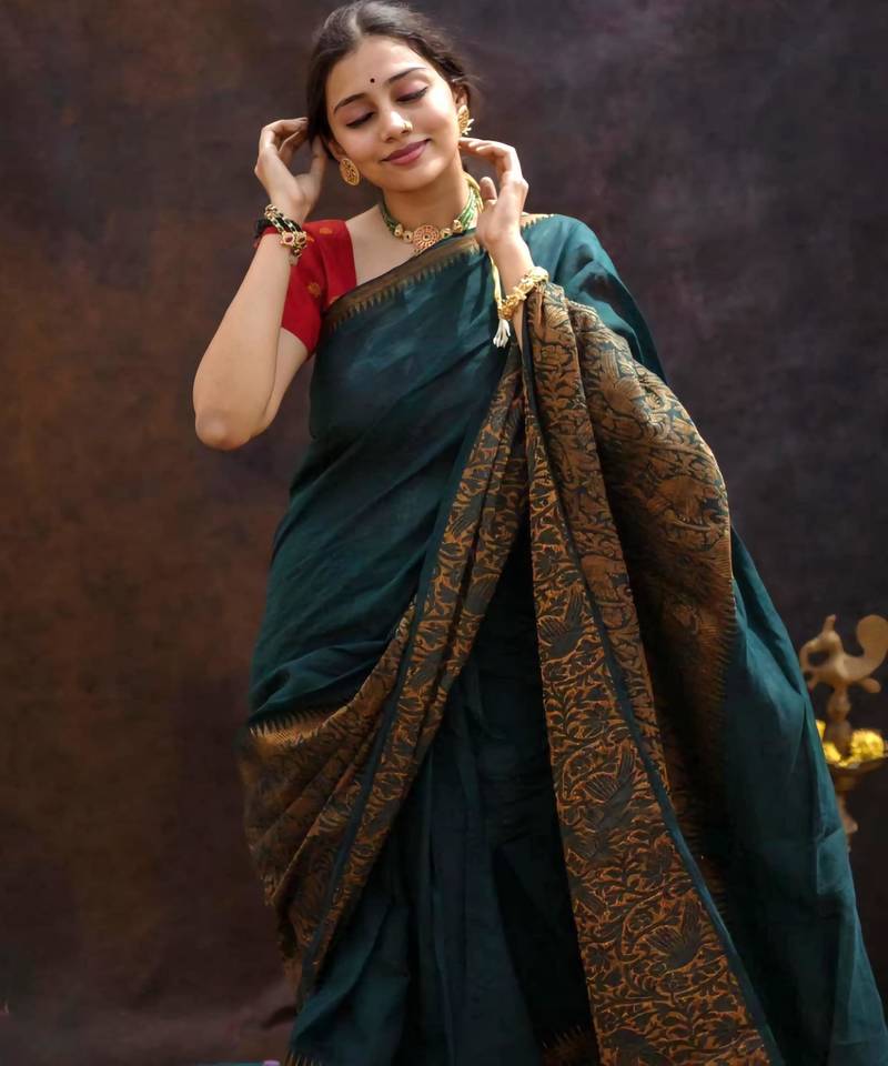 Elegance green woven pure silk gift saree with unstitched blouse