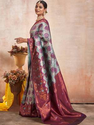 wine silk cotton saree with zari work 2