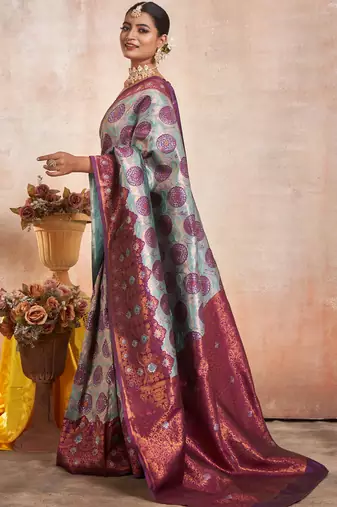 wine silk cotton saree with zari work