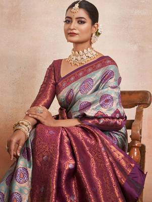 wine silk cotton saree with zari work 3