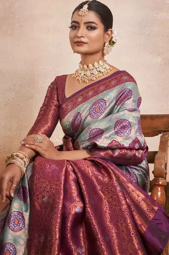 wine silk cotton saree with zari work