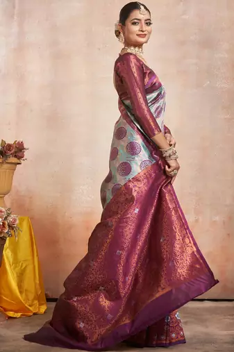 wine silk cotton saree with zari work