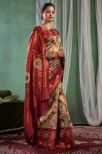 Floral maroon banarasi south silk fancy saree with unstitched blouse