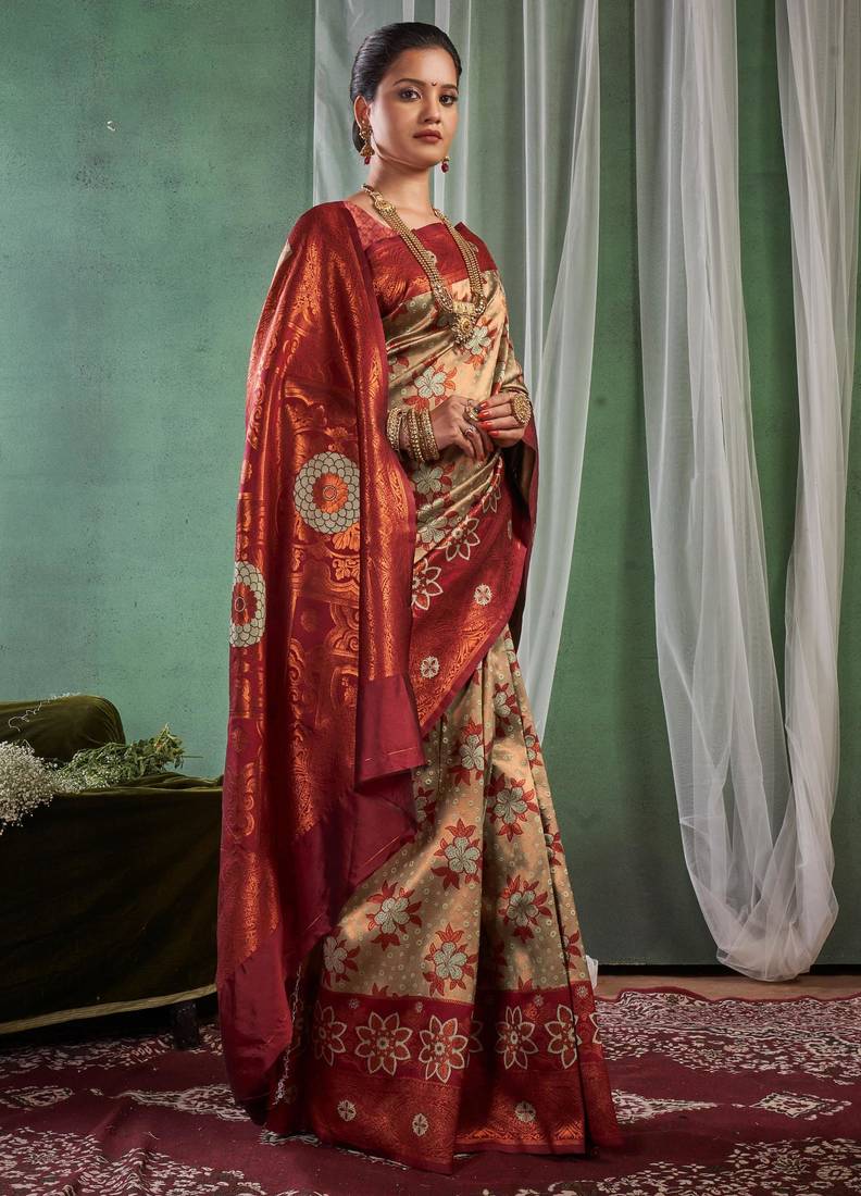Floral maroon banarasi south silk fancy saree with unstitched blouse