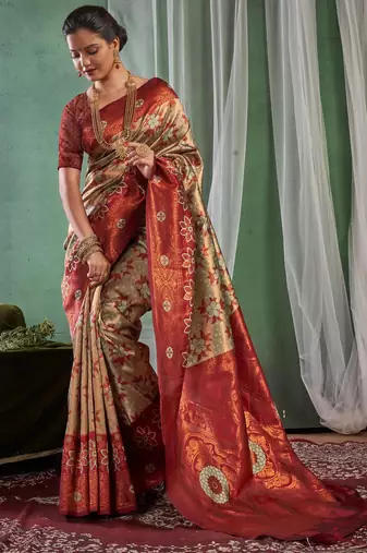maroon banarasi south silk saree with zari work