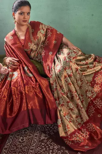 maroon banarasi south silk saree with zari work