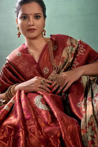 maroon banarasi south silk saree with zari work