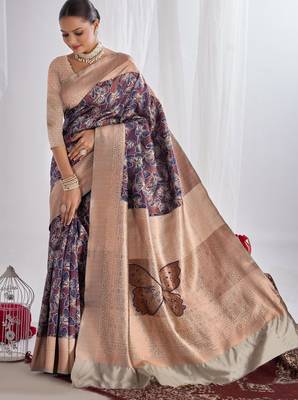 navy blue silk saree with zari pattern 1