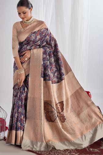  navy blue jacquard silk blend light weight saree with unstitched blouse