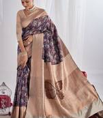  navy blue jacquard silk blend light weight saree with unstitched blouse