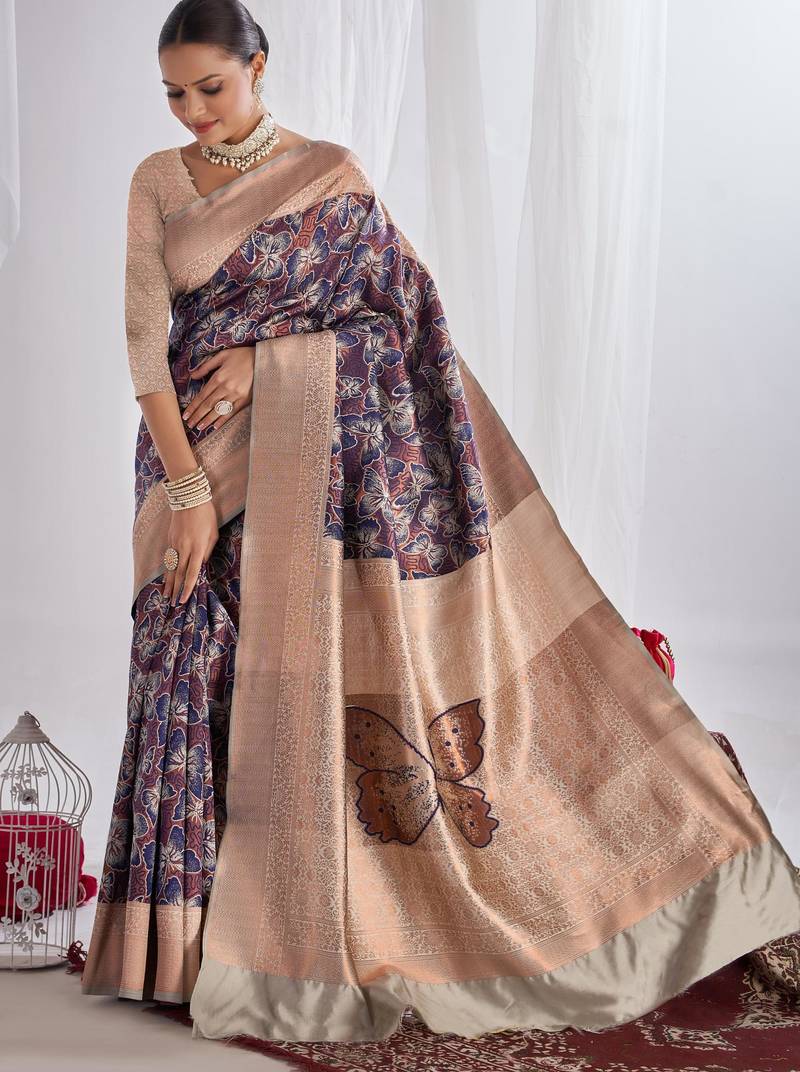  navy blue jacquard silk blend light weight saree with unstitched blouse