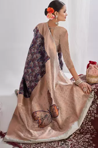navy blue silk saree with zari pattern