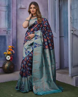 dark blue silk blend saree with zari work 1