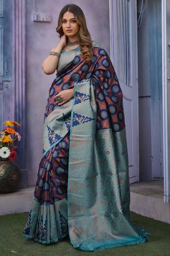 Indian dark blue resham thread pure silk blend multicolor saree with unstitched blouse