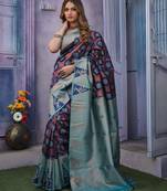 dark blue silk blend saree with zari work