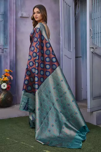dark blue silk blend saree with zari work